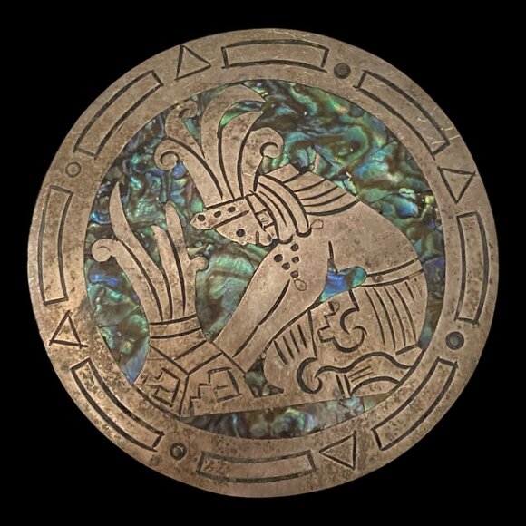 Brooch 2.5" Abalone Shell Mayan Design Sterling Silver 925 Mexico - Picture 6 of 11